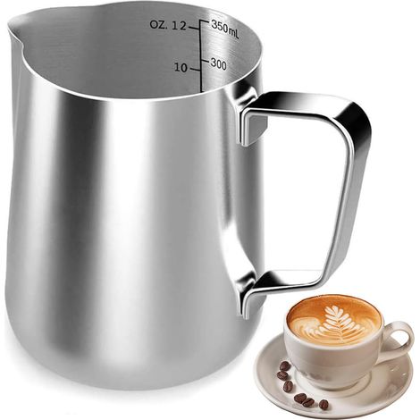 Pichet à Lait Inox 350ml, Petit Pot a Lait en Acier Inoxydable avec Repère de Mesure Accessoire à Domicile Multifonctionnel pour Cappuccino, Expresso, Latte Art (1/5)