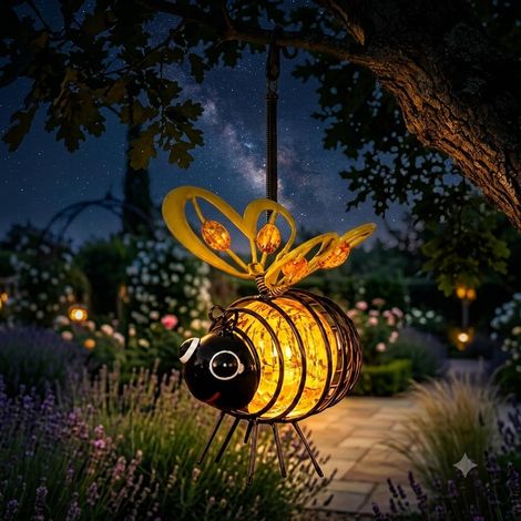 Lanterne Solaire Abeille Suspendue, Lumière Chaude, Décoration Extérieure pour Jardin, Terrasse, Fête et Camping(Jaune, Lot de 1) (1/5)