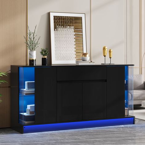 Buffet, crédence, panneaux de particules, vitrine en verre, laque brillante, tiroir, portes doubles, application, éclairage LED, salon (1/5)