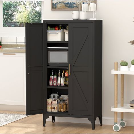 Credenza in metallo con 2 ante, 3 ripiani regolabili, piedini regolabili, per cucina e soggiorno, 60×30×120 cm, nera (1/5)