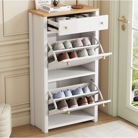 Zapatero estrecho 50x25x95 cm blanco y madera MDF con 2 puertas abatibles, cajón y estantes ajustables (1/5)