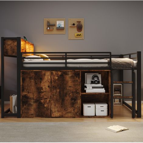 Letto a soppalco 120x200 cm in metallo e MDF nero con LED e contenitore - MEUBLIV (1/5)