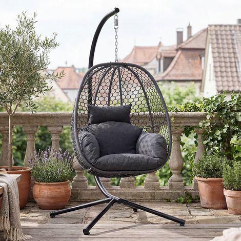 Wahson Poltrona Sospesa a Uovo con Supporto in Metallo, Sedia a Dondolo da Giardino per Patio e Balcone Portata 180 kg, Grigio Scuro (1/5)