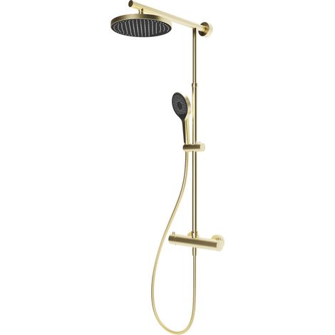 Schulte – Colonne de douche thermostatique or mat – Douchette à main ronde – Pommeau rond orientable – Flexible anti-torsion 150 cm