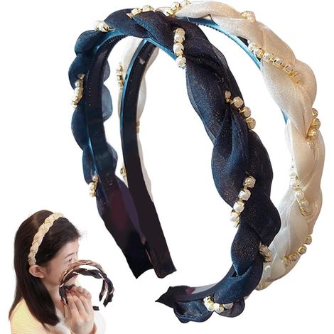 Bandeau pour femme, lot de 2, orné de strass et de cristaux, avec tresses et nœuds, accessoire de coiffure tendance (noir + beige) (1/5)