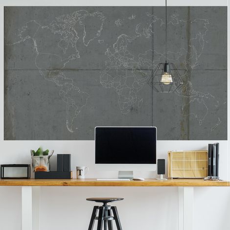 Papier peint intissé industriel pour mur en béton, mappemonde, 250 cm X 150 cm - Décoration murale unique et originale. (1/2)