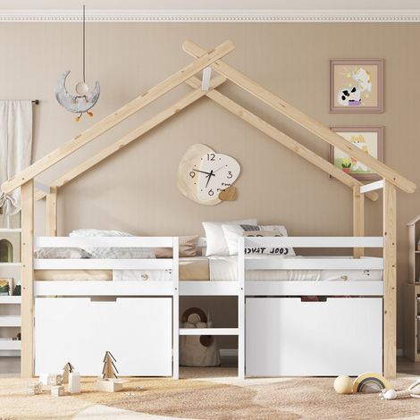 Lit Cabane 90x200cm - Lit Enfant Mi-Hauteur 90x200 - avec Toit, Escalier et 2 Meubles de Rangement Mobiles - Blanc et Naturel (1/5)