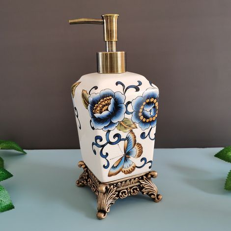 Flacon pompe en céramique, distributeur savon/lotion/désinfectant (Bleu fleur de papillon - 340 ml) (1/5)