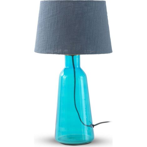 Lampe de table en verre bleu turquoise avec abat jour coton - bleu turquoise et coton bleu (1/2)
