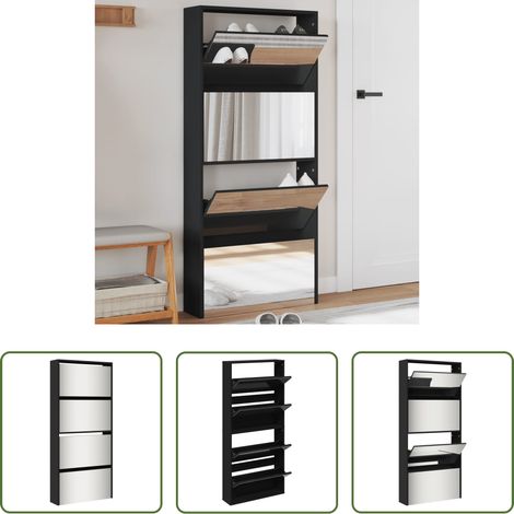 Schuhschrank mit Spiegel - Schuhschrank mit Spiegel 4 Fächer Schwarz 63x17x134 cm (1/5)