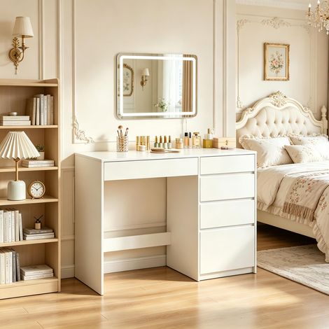 Coiffeuse bureau blanc 2 en 1 avec miroir LED mural 60 x 40 cm, 5 tiroirs, plateau profond 45 cm, meuble maquillage et bureau chambre moderne (1/5)