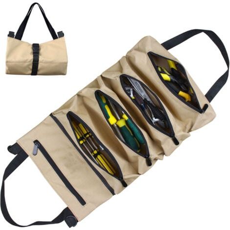 (Khaki)Sac à Roulettes pour Outils, Sac à Outils en Toile pour Clés à Molette, Sac à Roulettes Polyvalent avec 5 Poches à Fermeture éclair, Idéal pour les Plombiers et les électriciens (1/5)