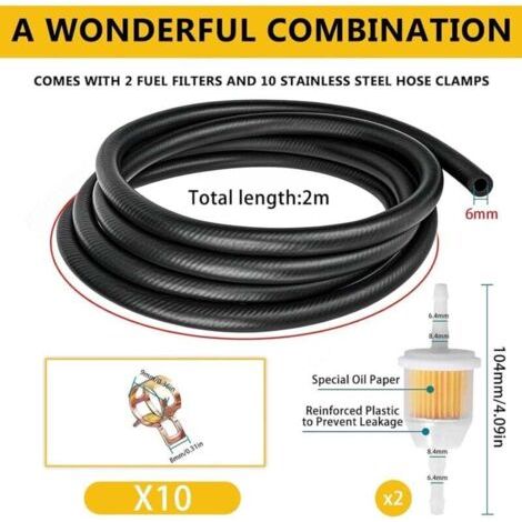 NALOOKAMIC  Durite Essence Ø 6mm, 2m Conduite de Carburant, avec 10 Colliers de Serrage, 2 Filtres à Carburant, Pour Les Camions, Les voitures,Les tracteurs ou Les Petits Moteurs