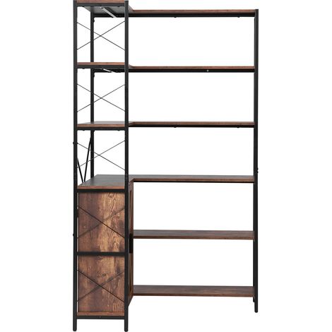 Mophorn Libreria angolare a 6 ripiani con ante portaoggetti, organizer alto a forma di L con struttura in metallo e ripiani regolabili, scaffale espositivo reversibile per uso domestico e in ufficio