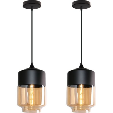 Suspension Luminaire Vintage Industriel Lustre Suspension Abat-jour en Verre Lustre Plafonnier Noir et Ambre E27 Ø18CM - 2Pcs (1/5)