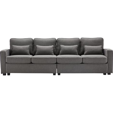 Canapé Droit 4 Places en Lin avec Poches d’Accoudoirs, Dossier Haut et 4 Coussins, Gris Foncé (1/5)