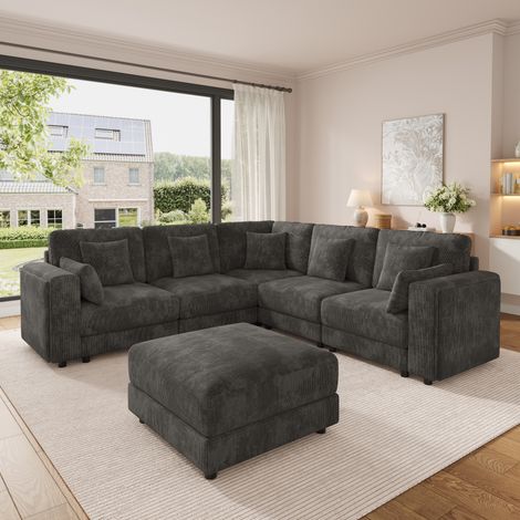 Canapé modulable 6 places avec rangement, coussins inclus, structure bois, revêtement chenille, gris, 215x215x82 cm (1/5)