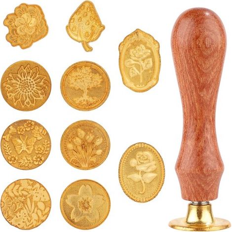 Kit de sceaux à cire vintage 11 pièces – Tampon de cire avec têtes en cuivre – Kit de cachetage pour lettres cartes cadeaux et décoration (1/5)