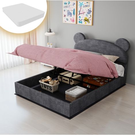 Bett für Kinder, gepolstert, Samt grau 140x200 cm mit Stauraum zum Aufklappen, Kopfteil mit runden Ohren, Matratze inklusive