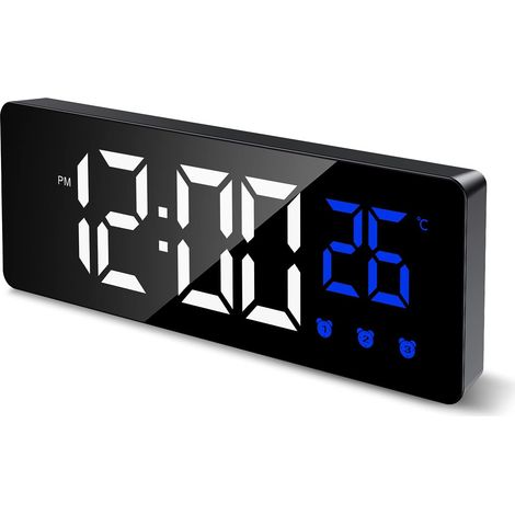 Reloj despertador digital, despertador inteligente con 3 alarmas y función de repetición, despertador de mesita de noche con pantalla LED que muestra la hora y la temperatura (negro). (1/5)