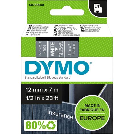Dymo D1 Etichette Autoadesive per Stampanti LabelManager, Rotolo da 12 mm x 7 m, Stampa Bianco su Trasparente, 1 Pezzo S0720600 (1/4)