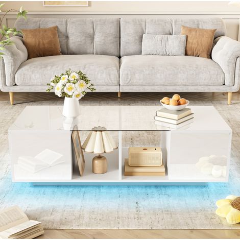 Couchtisch mit LED und Stauraum 120x50 cm Weiß Glas OKMYHOME (1/5)
