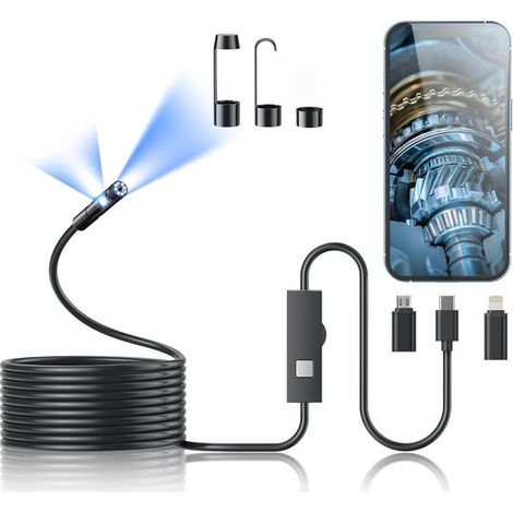 Caméra endoscope double objectif - 1080P HD - 8 LED - IP67 étanche - Connecteur Type-C - Câble 10 m - Compatible Android et iOS - Avec crochet, aimant et miroir