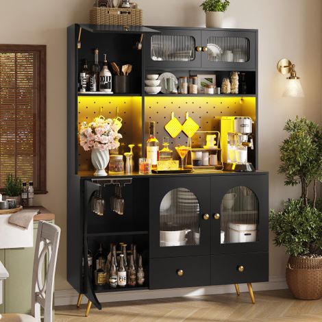 Sideboard haut noir 120×40×176cm MDF métal verre éclairage LED pilotable APP, bloc prises 2 fiches secteur 2 ports USB, panneau perforé tiroir étagères vitrées charnières soft-close (1/5)