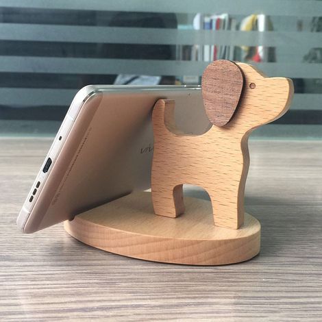 Support de téléphone portable, support de téléphone en bois en forme de chien, support de bureau mignon de dessin animé (1/3)
