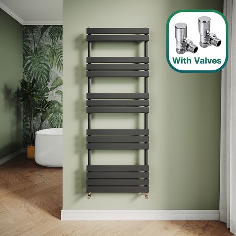 ELEGANT Modern Central Heating Towel Radiator Bathroom Flat Panel Heated Towel Rail 1600x600mm Black + Angled Radiator Valves