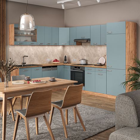 Cucina angolare completa R-Line, Rovere blu-grigio/oro, 227 x 287 cm senza piano di lavoro, Vicco