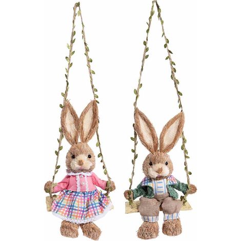 Lapins de Pâques décoratifs en fibre naturelle sur balançoire à suspendre, idéals pour vitrines, lot de 2, 19 x 15 x H. 36 cm (oreilles dépliées)