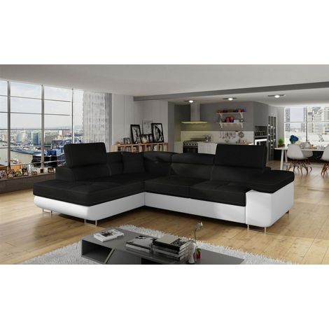 Ecksofa Schlafsofa SARRA Stoff Soft- Sawana Weiß-Schwarz Ottomane Links (1/5)