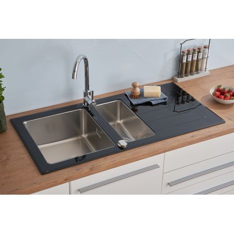 Respekta – Évier 2 bacs en verre noir 100 x 50 cm – Encastrable réversible – 2 trous de robinet – Résistance jusqu'à 180 °C – Acier inoxydable 304