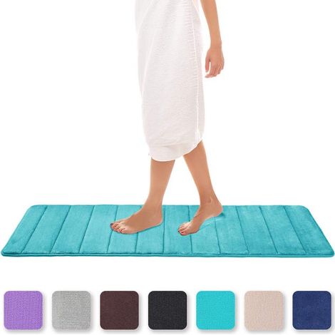 Tapis de sol salle de bain LEMROE en mousse viscoélastique, antidérapant et très absorbant, lavable - 40x120 cm, couleur vert paon (1/5)