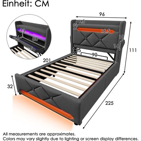 Lit simple 90x200 cm avec tête de lit rangement, ports USB et Type-C, LED 360° au niveau de la tête et du pied, sommier coffre hydraulique, gris, lin (sans matelas) (1/4)