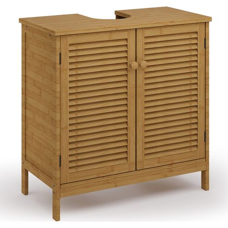 Meuble sous Vasque Bealife Lavabo Salle de Bain avec 2 Portes à Persiennes et 1 Étagère Réglable Naturel 60 x 30 x 60 cm (1/5)