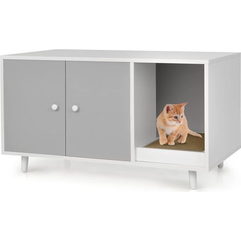 GOPLUS Maison de Toilette pour Chat en Bois Meuble Litière pour Chat Double Portes avec Grattoir à Chat pour Salon, Entrée, Couloir, 90x50x50CM (1/5)