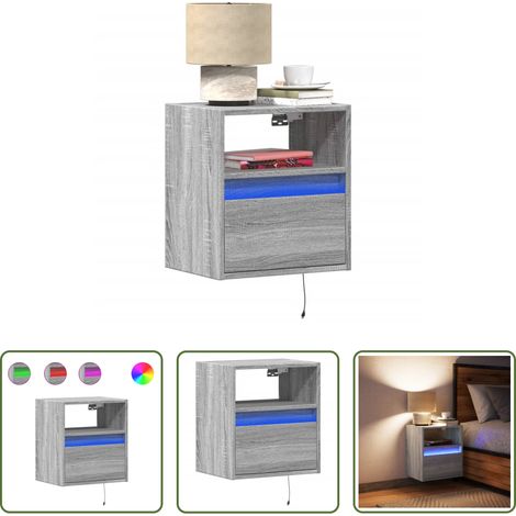 vidaXL Wandkonsole - Wand-Nachttisch mit LED-Leuchten Grau Sonoma (1/5)