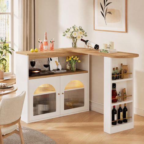 MEUBLIV Table de bar extensible rotative 138-193 x 39 x 105 cm blanche avec LED et rangement (1/5)