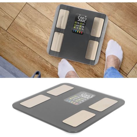 Balance connectée précise à commande vocale pour la mesure de la masse grasse corporelle, poids maximal 180 kg, modèle rechargeable, gris fumé. (1/5)