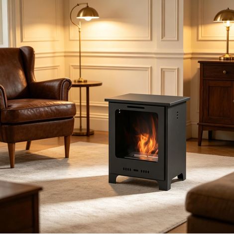 Cheminée bioéthanol sur pied 40x30x50 cm en métal noir, chauffage d’appoint pour salon – MEUBLIV (1/5)