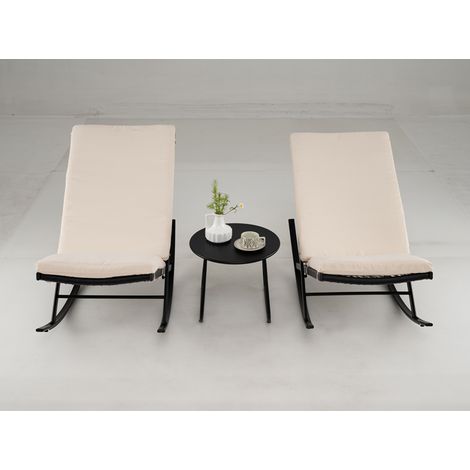 Ensemble Bistrot à Bascule de 3 Pièces, Chaises en Rotin PE avec Table Basse en Métal & Coussins Épais, pour Balcon, Jardin & Bord de Piscine