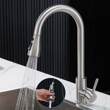 Robinet de cuisine avec douchette extractible, mitigeur de cuisine en acier inoxydable 304, robinet d'évier à bec haut rotatif à 360° avec 3 modes de réglage, finition brossée, eau chaude et froide di (1/5)