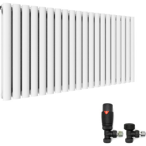 ELEGANT White Radiator Double 600 x 1190 mm Horizontal Oval Designer Radiator Central Heating + Anthracite Thermostatic Radiator Valves (1/5)