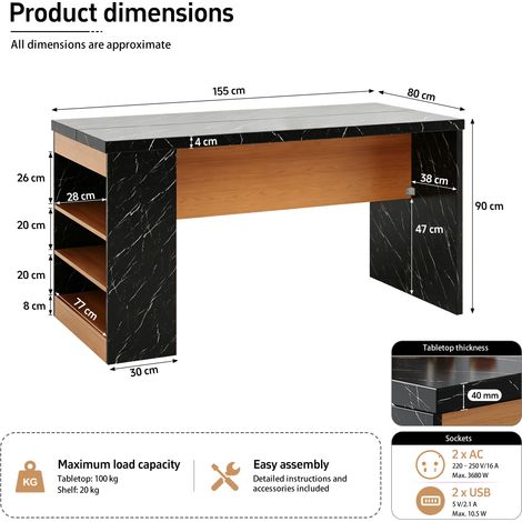Kücheninsel 155x80x90cm mit LED Beleuchtung & Steckdose,Küchenblock mit 40mm Arbeitsplatte,2xAC+2xUSB,3 offenen Ablagen,moderne Kücheninsel für Küche & Esszimmer (1/5)