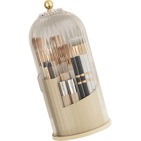 Boîte de rangement cosmétique transparente à porte coulissante rotative, présentoir à pinceaux de maquillage, couvercle blanc (1/5)