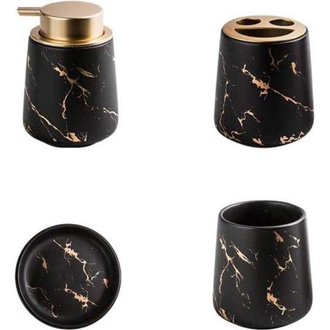 Juego de 4 accesorios de baño de cerámica jaspeada - Dispensador de jabón, portacepillos de dientes, vaso, jabonera - Negro mate (1/4)
