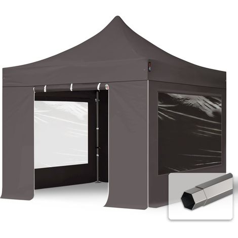 3x3 m Faltpavillon, PREMIUM Stahl 40mm, Seitenteile mit Panoramafenstern, dunkelgrau
