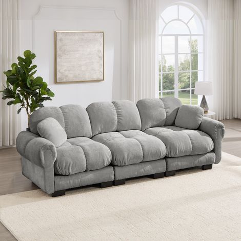 Canapé 3 places Cloud gris clair, matelassé élégant, 2 coussins déco inclus, assise épaisse moelleuse et soutenante, dossier ergonomique, montage simple, parfait pour séjour (1/5)